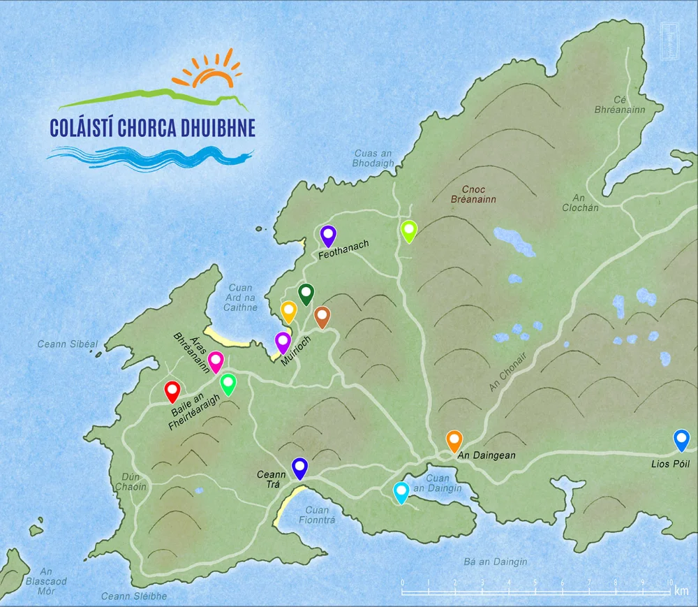 Illustrated map of Corca Dhuibhne showing the Coláistí Chorca Dhuibhne premises